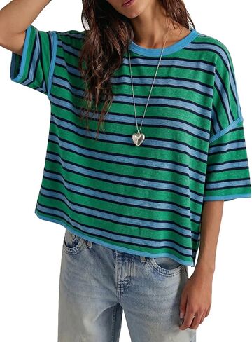 Womens Oversized Striped T-Shirt Cotton Boxy Crop Top 90s Retro Drop Shoulder Ringer Tee Casual Skater Streetwear Tops in Kuwait