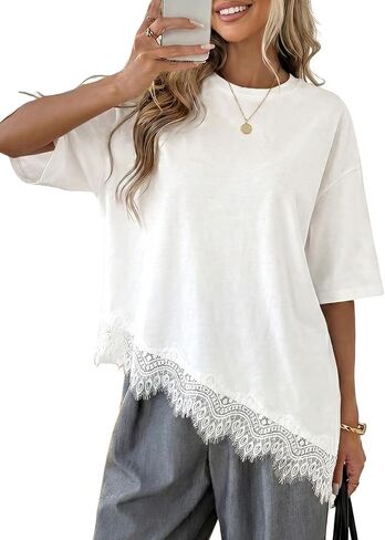 LOLONG Women's Casual Crew Neck Half Sleeve T-Shirt Asymmetrical Hem Lace Patchwork Loose Fit Tops in Saudi Arabia