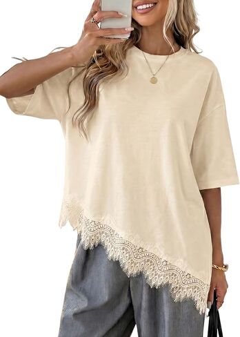 LOLONG Women's Casual Crew Neck Half Sleeve T-Shirt Asymmetrical Hem Lace Patchwork Loose Fit Tops in Saudi Arabia