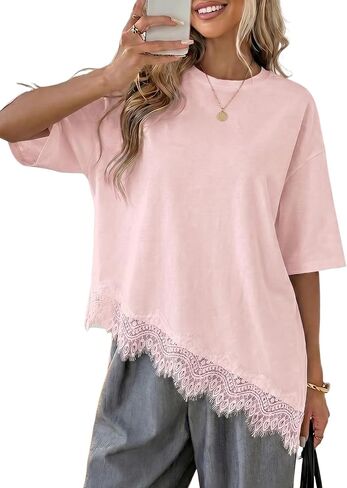 LOLONG Women's Casual Crew Neck Half Sleeve T-Shirt Asymmetrical Hem Lace Patchwork Loose Fit Tops in Saudi Arabia