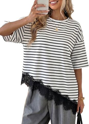 LOLONG Women's Casual Crew Neck Half Sleeve T-Shirt Asymmetrical Hem Lace Patchwork Loose Fit Tops in Saudi Arabia