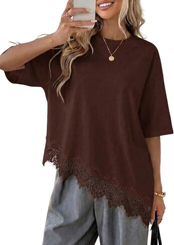 LOLONG Women's Casual Crew Neck Half Sleeve T-Shirt Asymmetrical Hem Lace Patchwork Loose Fit Tops in Saudi Arabia