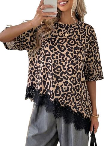 LOLONG Women's Casual Crew Neck Half Sleeve T-Shirt Asymmetrical Hem Lace Patchwork Loose Fit Tops in Saudi Arabia