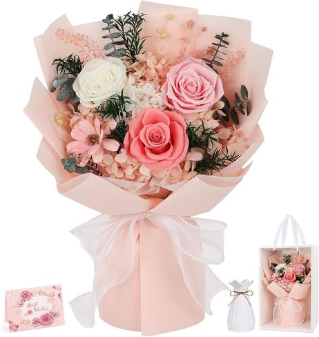 Flowers for Delivery Prime Preserved Flowers Bouquet with Vase That Last 3-5 Years Real Forever Flowers Pink Rose Bouquet for Mom Mother Women Wife Friends Birthday Mothers Day Gifts in Saudi Arabia