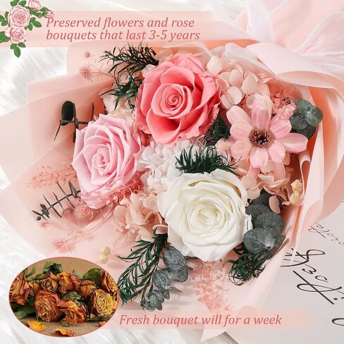 Flowers for Delivery Prime Preserved Flowers Bouquet with Vase That Last 3-5 Years Real Forever Flowers Pink Rose Bouquet for Mom Mother Women Wife Friends Birthday Mothers Day Gifts in Saudi Arabia