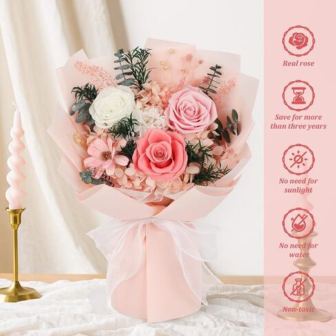 Flowers for Delivery Prime Preserved Flowers Bouquet with Vase That Last 3-5 Years Real Forever Flowers Pink Rose Bouquet for Mom Mother Women Wife Friends Birthday Mothers Day Gifts in Saudi Arabia