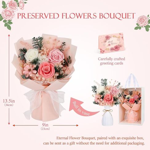 Flowers for Delivery Prime Preserved Flowers Bouquet with Vase That Last 3-5 Years Real Forever Flowers Pink Rose Bouquet for Mom Mother Women Wife Friends Birthday Mothers Day Gifts in Saudi Arabia