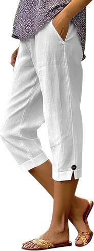 Capri Pants for Women Summer Casual Cropped Linen Pants Pull on Elastic Waist Side Pockets Bottoms Button Hem Trousers in Kuwait