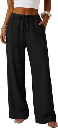 Lepunuo Wide Leg Palazzo Pants for Women Summer Flowy Drawstring Elastic Waist Trousers Loose Fit Lounge Pants with Pockets in Kuwait