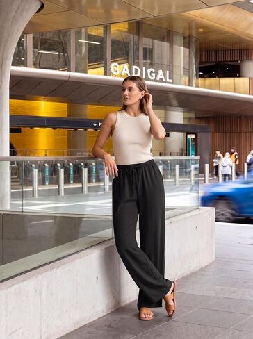 Lepunuo Wide Leg Palazzo Pants for Women Summer Flowy Drawstring Elastic Waist Trousers Loose Fit Lounge Pants with Pockets in Kuwait