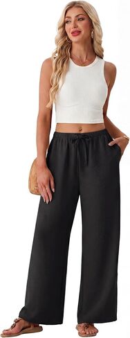 Lepunuo Wide Leg Palazzo Pants for Women Summer Flowy Drawstring Elastic Waist Trousers Loose Fit Lounge Pants with Pockets in Kuwait