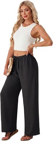 Lepunuo Wide Leg Palazzo Pants for Women Summer Flowy Drawstring Elastic Waist Trousers Loose Fit Lounge Pants with Pockets in Kuwait