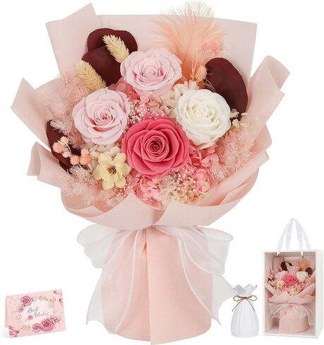 Flowers for Delivery Prime Preserved Flowers Bouquet with Vase That Last 3-5 Years Real Forever Flowers Pink Rose Bouquet for Mom Mother Women Wife Friends Birthday Mothers Day Gifts in Saudi Arabia