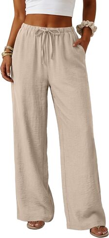 Lepunuo Wide Leg Palazzo Pants for Women Summer Flowy Drawstring Elastic Waist Trousers Loose Fit Lounge Pants with Pockets in Kuwait