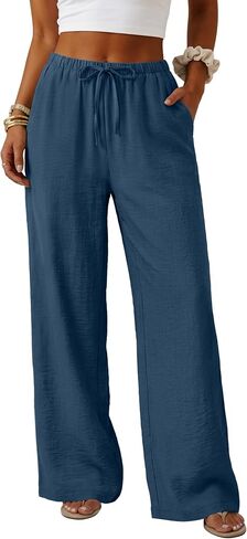 Lepunuo Wide Leg Palazzo Pants for Women Summer Flowy Drawstring Elastic Waist Trousers Loose Fit Lounge Pants with Pockets in Kuwait