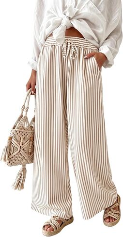 IWOLLENCE Women's Wide Leg Striped Pants High Waist Straight Lounge Gingham Work Pant Casual Loose Trousers with Pockets in Kuwait