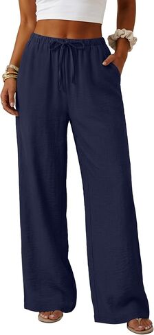 Lepunuo Wide Leg Palazzo Pants for Women Summer Flowy Drawstring Elastic Waist Trousers Loose Fit Lounge Pants with Pockets in Kuwait