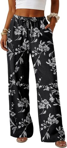 Lepunuo Wide Leg Palazzo Pants for Women Summer Flowy Drawstring Elastic Waist Trousers Loose Fit Lounge Pants with Pockets in Kuwait