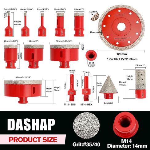 Diamond Hole Saw Kit,14 PCS Porcelain Tile Drill Bits Set 6/6/8/19/25/35/51/75/100mm,Diamond Core Drill Bits Set for Ceramic, Granite,Porcelain in Kuwait