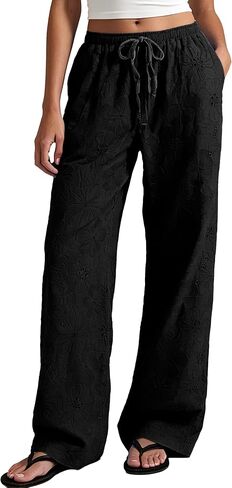 Women Floral Embroidered Pants Cutout Design Fashion Casual Palazzo Trousers Cozy Beach Summer Vacation in Saudi Arabia