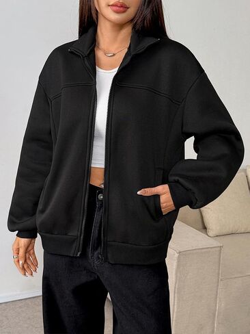 Women Oversized Zip-Up Jacket Stand Collar Relaxed Fit for Effortless Casual Streetwear in Kuwait