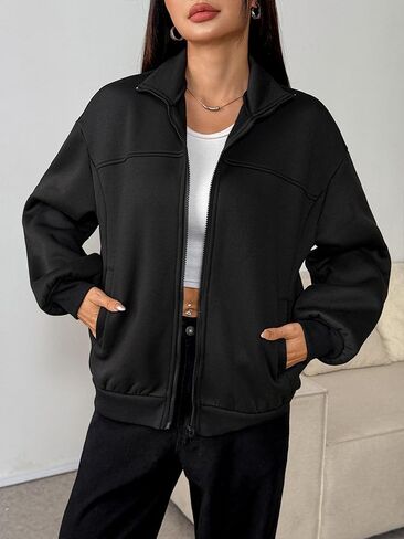 Women Oversized Zip-Up Jacket Stand Collar Relaxed Fit for Effortless Casual Streetwear in Kuwait