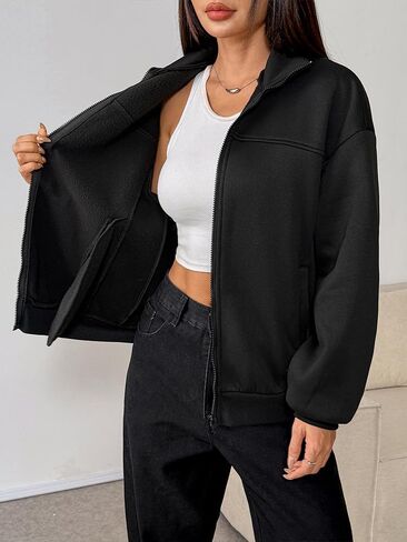 Women Oversized Zip-Up Jacket Stand Collar Relaxed Fit for Effortless Casual Streetwear in Kuwait