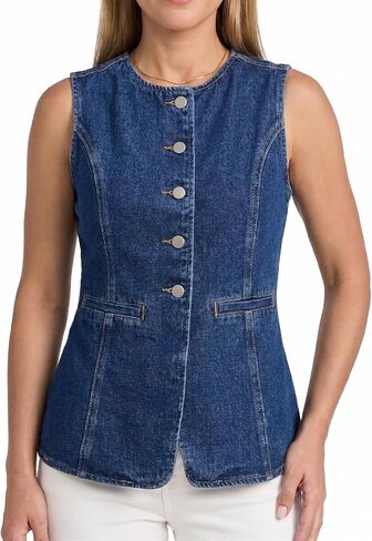 Denim Vest for Women Sleeveless Jean Vest Top Fitted Crewneck Button Down Casual Summer Trendy Waistcoat in Kuwait