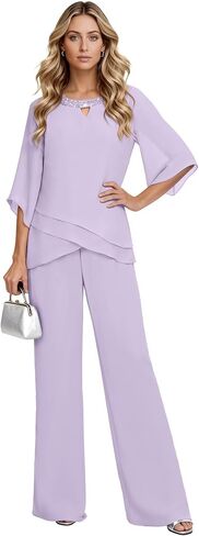 2 Pieces Mother of The Bride Pant Suits with Short Sleeves Chiffon Formal Grandmother Pantsuit Outfits for Wedding in Kuwait