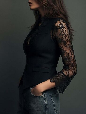 Black Blazer Women Lace Sleeves V Neck Elegant Blazer Jackets for Women Going Out 2026 in Kuwait