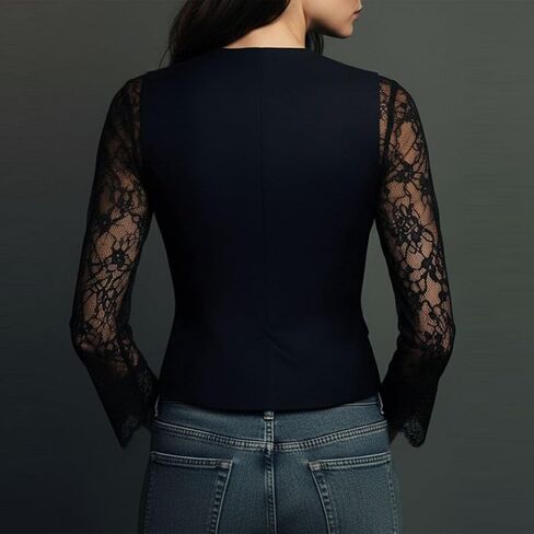 Black Blazer Women Lace Sleeves V Neck Elegant Blazer Jackets for Women Going Out 2026 in Kuwait