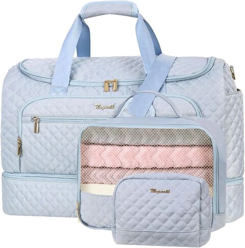 Wogarl 3PCS Weekender Bags for Women Large Overnight Bag Weekend Travel Duffel Bag Carry on Shoulder with Shoe Compartment Canvas Toiletry Bag for Travel Business Gym,Sky Blue in Kuwait