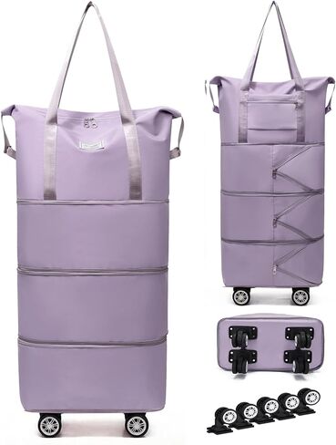 4-in-1 Expandable Rolling Duffel Bag with Detachable Wheels, 28L-80L Collapsible Luggage with Bonus Spare Wheel, Foldable Travel Trolley for Carry-On, Weekend, Shopping & Moving (Light Purple) in Kuwait