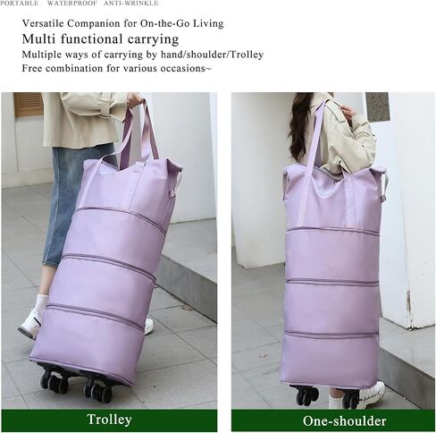 4-in-1 Expandable Rolling Duffel Bag with Detachable Wheels, 28L-80L Collapsible Luggage with Bonus Spare Wheel, Foldable Travel Trolley for Carry-On, Weekend, Shopping & Moving (Light Purple) in Kuwait