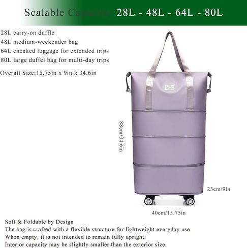 4-in-1 Expandable Rolling Duffel Bag with Detachable Wheels, 28L-80L Collapsible Luggage with Bonus Spare Wheel, Foldable Travel Trolley for Carry-On, Weekend, Shopping & Moving (Light Purple) in Kuwait