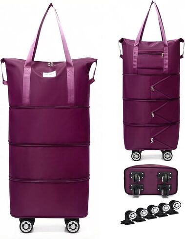 4-in-1 Expandable Rolling Duffel Bag with Detachable Wheels, 28L-80L Collapsible Luggage with Bonus Spare Wheel, Foldable Travel Trolley for Carry-On, Weekend, Shopping & Moving (Light Purple) in Kuwait