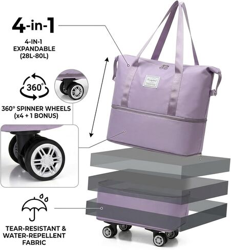 4-in-1 Expandable Rolling Duffel Bag with Detachable Wheels, 28L-80L Collapsible Luggage with Bonus Spare Wheel, Foldable Travel Trolley for Carry-On, Weekend, Shopping & Moving (Light Purple) in Kuwait