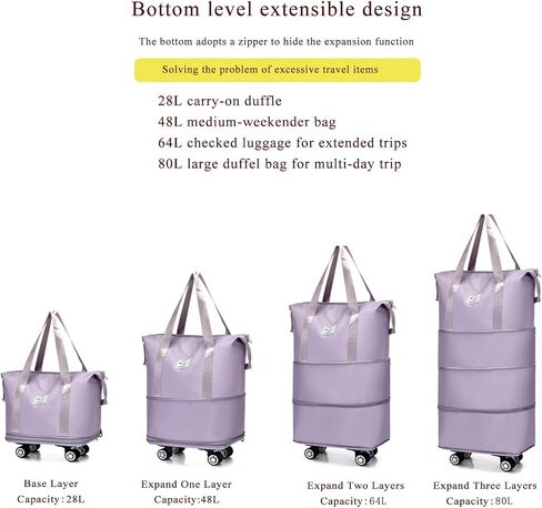 4-in-1 Expandable Rolling Duffel Bag with Detachable Wheels, 28L-80L Collapsible Luggage with Bonus Spare Wheel, Foldable Travel Trolley for Carry-On, Weekend, Shopping & Moving (Light Purple) in Kuwait