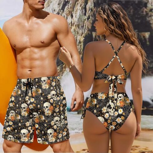 Matching for Couples Hawaiian Women Tummy Control 2 Piece Swimsuit Men's Quick Dry Board Shorts in Saudi Arabia