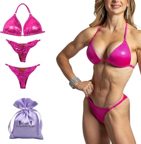 Angel Competition NPC Fit Model Bikini Set w/2 Bottoms – Hologram Pink Stage Bikini Competition Suits w/50% Glute Coverage in Saudi Arabia