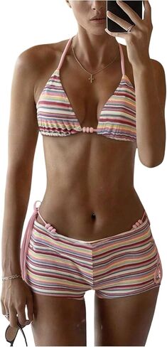 SHENHE Women's 3 Piece Swimsuits Striped Beaded Triangle String Bikini Set with Shorts Cover Up in Kuwait
