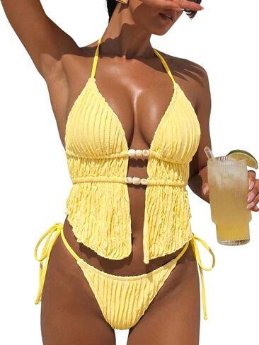 Women's Sexy Two Piece Bikini Sets Beaded Cute Tankini Textured Bathing Suit Halter Cheeky Swimsuits Beach Pool Party in Kuwait