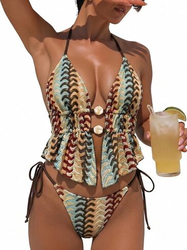 Women's Sexy Two Piece Bikini Sets Beaded Cute Tankini Textured Bathing Suit Halter Cheeky Swimsuits Beach Pool Party in Kuwait