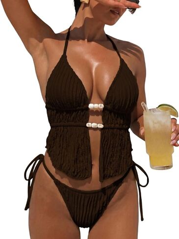 Women's Sexy Two Piece Bikini Sets Beaded Cute Tankini Textured Bathing Suit Halter Cheeky Swimsuits Beach Pool Party in Kuwait