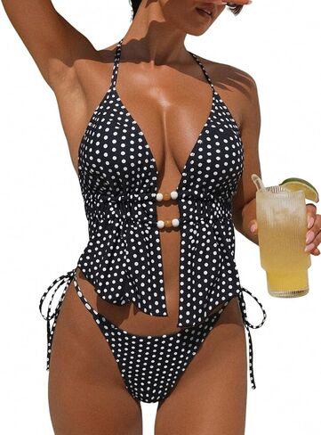 Women's Sexy Two Piece Bikini Sets Beaded Cute Tankini Textured Bathing Suit Halter Cheeky Swimsuits Beach Pool Party in Kuwait