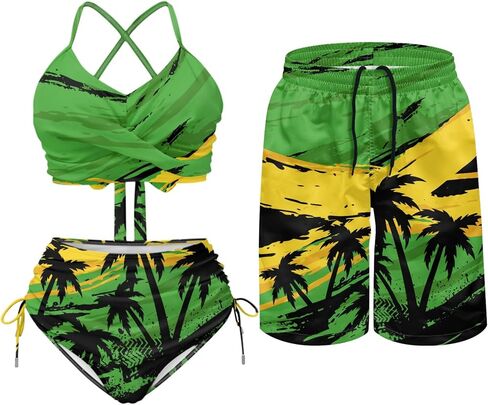 Matching for Couples Hawaiian Women Tummy Control 2 Piece Swimsuit Men's Quick Dry Board Shorts in Saudi Arabia