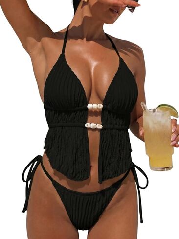 Women's Sexy Two Piece Bikini Sets Beaded Cute Tankini Textured Bathing Suit Halter Cheeky Swimsuits Beach Pool Party in Kuwait