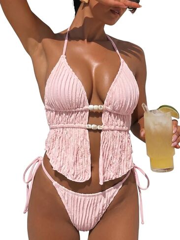Women's Sexy Two Piece Bikini Sets Beaded Cute Tankini Textured Bathing Suit Halter Cheeky Swimsuits Beach Pool Party in Kuwait