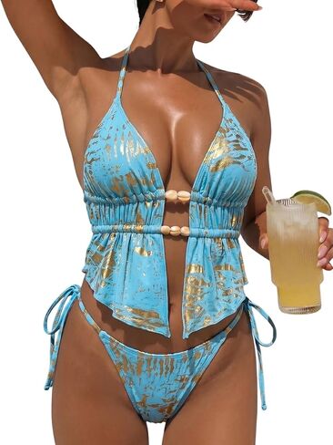 Women's Sexy Two Piece Bikini Sets Beaded Cute Tankini Textured Bathing Suit Halter Cheeky Swimsuits Beach Pool Party in Kuwait