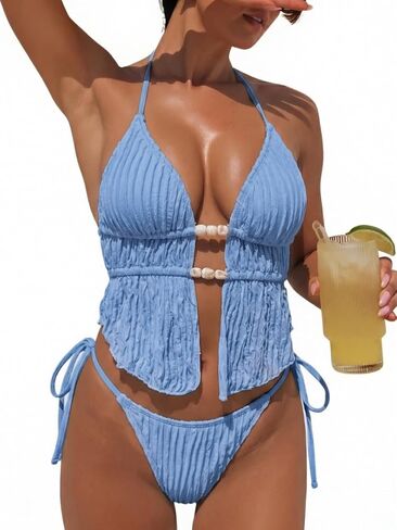 Women's Sexy Two Piece Bikini Sets Beaded Cute Tankini Textured Bathing Suit Halter Cheeky Swimsuits Beach Pool Party in Kuwait